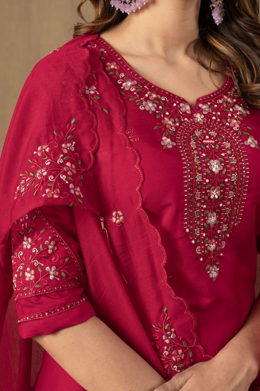 Roman Silk Straight Kurti Pant Dupatta Set with Multi Embroidery Hand Work