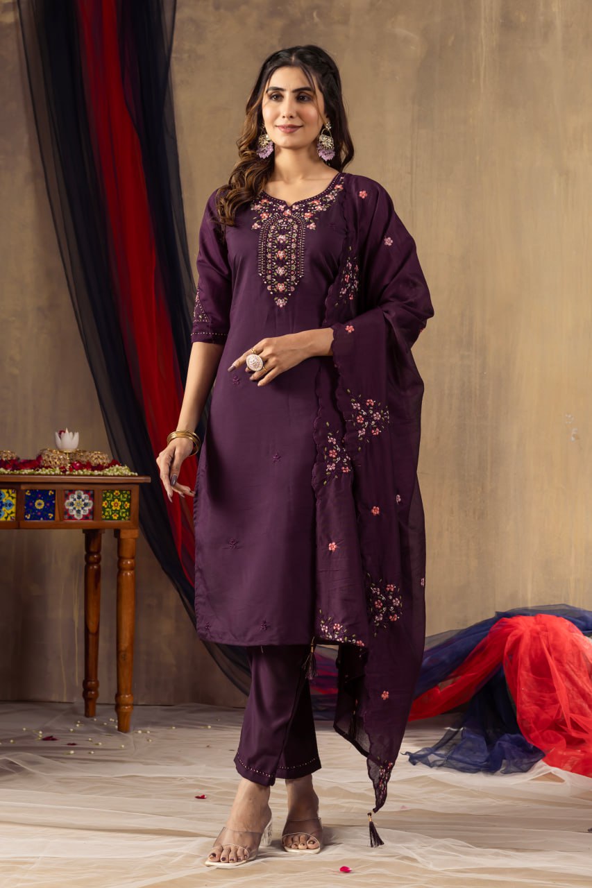 Roman Silk Straight Kurti Pant Dupatta Set with Multi Embroidery Hand Work