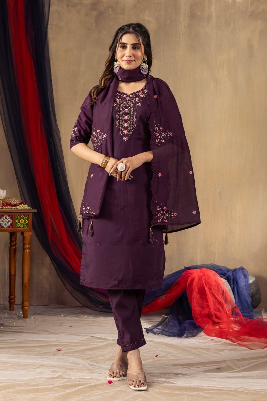 Roman Silk Straight Kurti Pant Dupatta Set with Multi Embroidery Hand Work