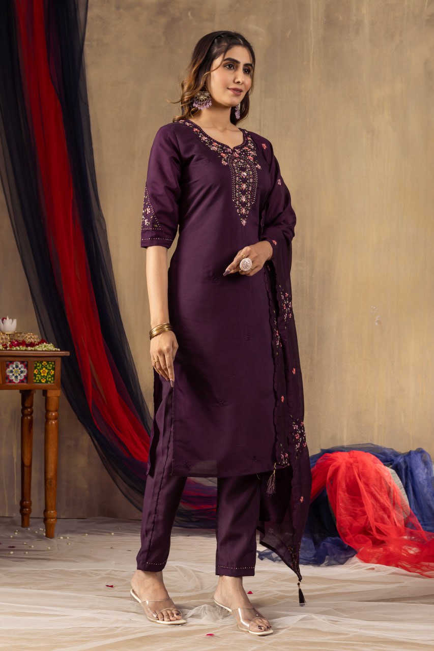 Roman Silk Straight Kurti Pant Dupatta Set with Multi Embroidery Hand Work