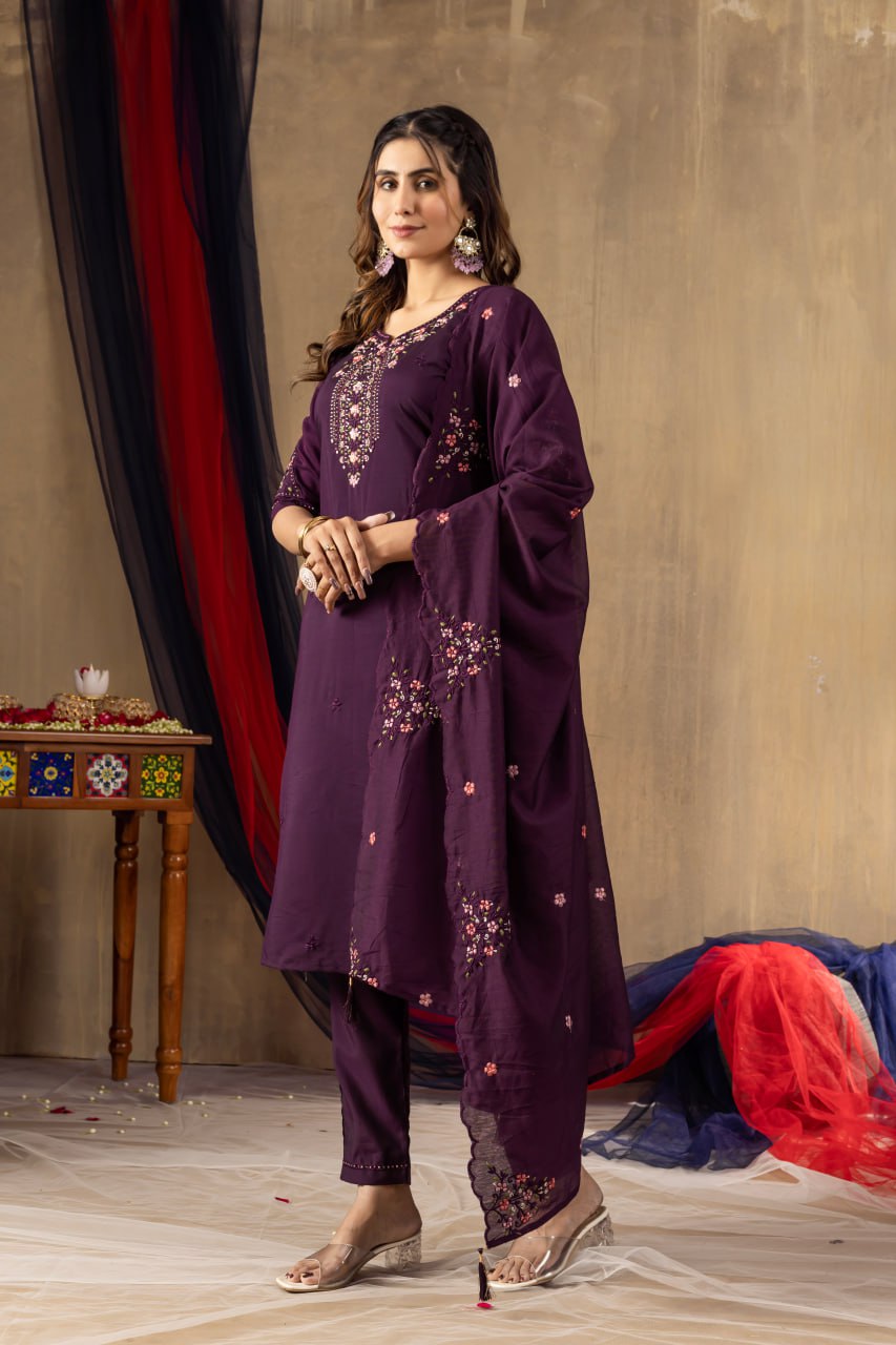 Roman Silk Straight Kurti Pant Dupatta Set with Multi Embroidery Hand Work