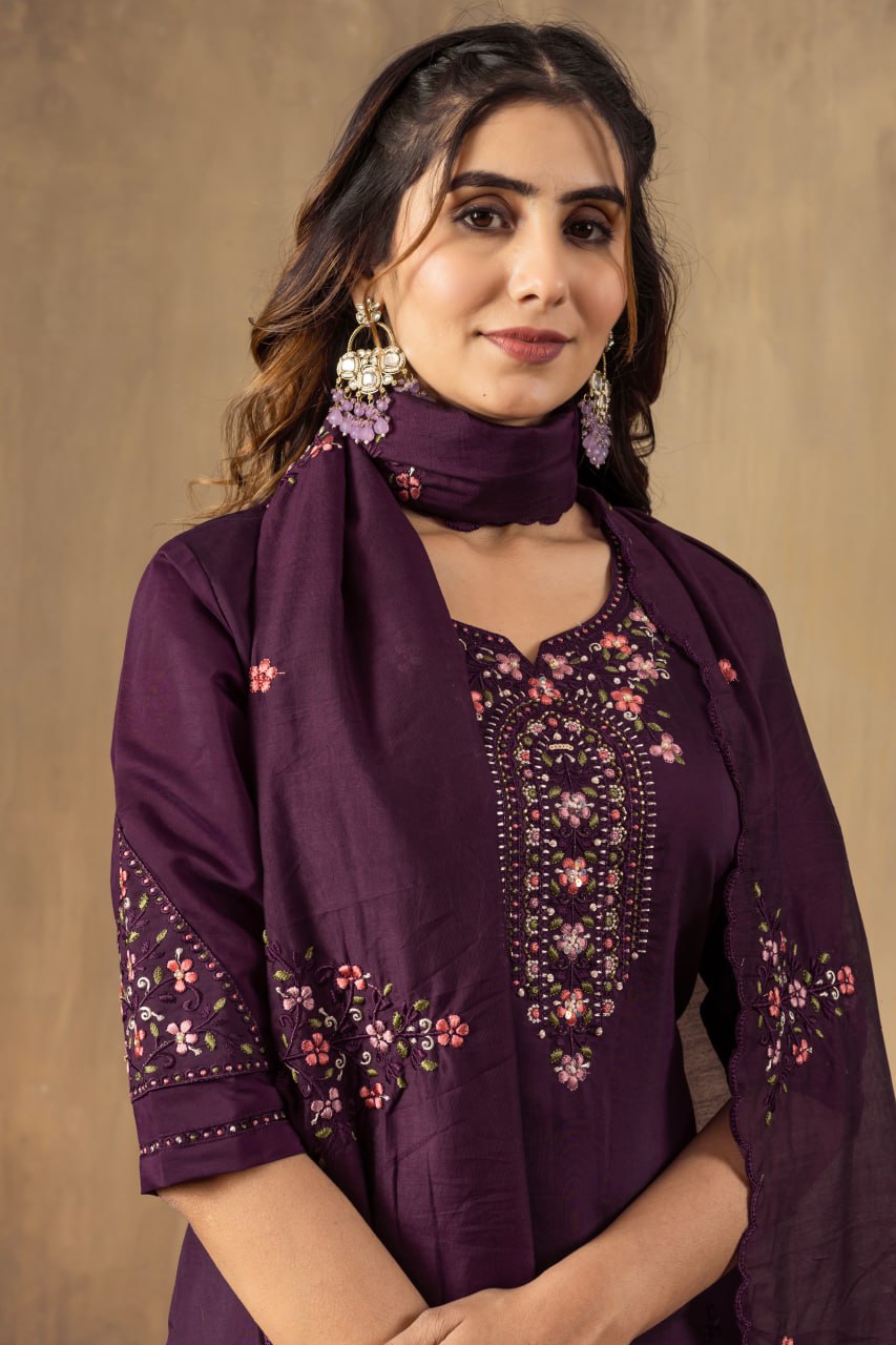 Roman Silk Straight Kurti Pant Dupatta Set with Multi Embroidery Hand Work