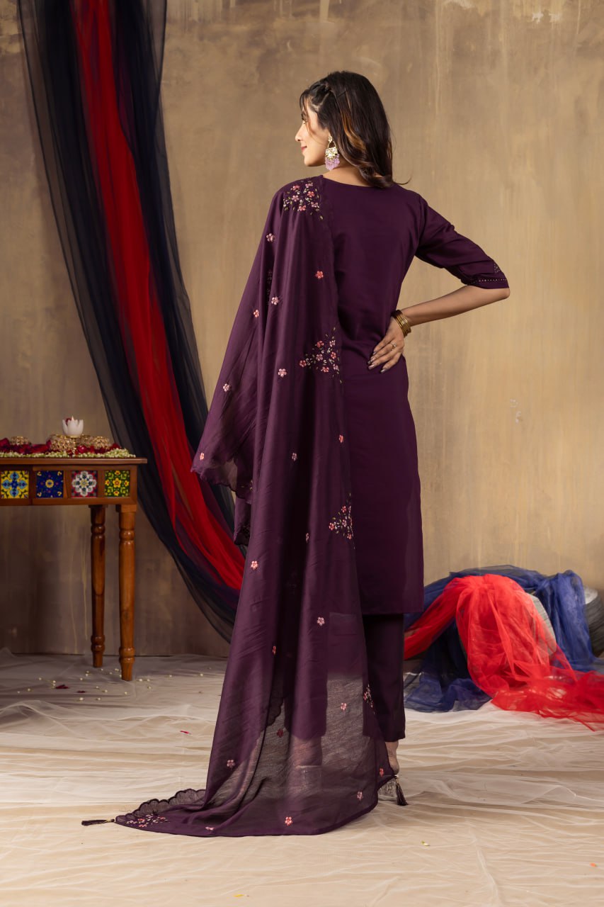 Roman Silk Straight Kurti Pant Dupatta Set with Multi Embroidery Hand Work
