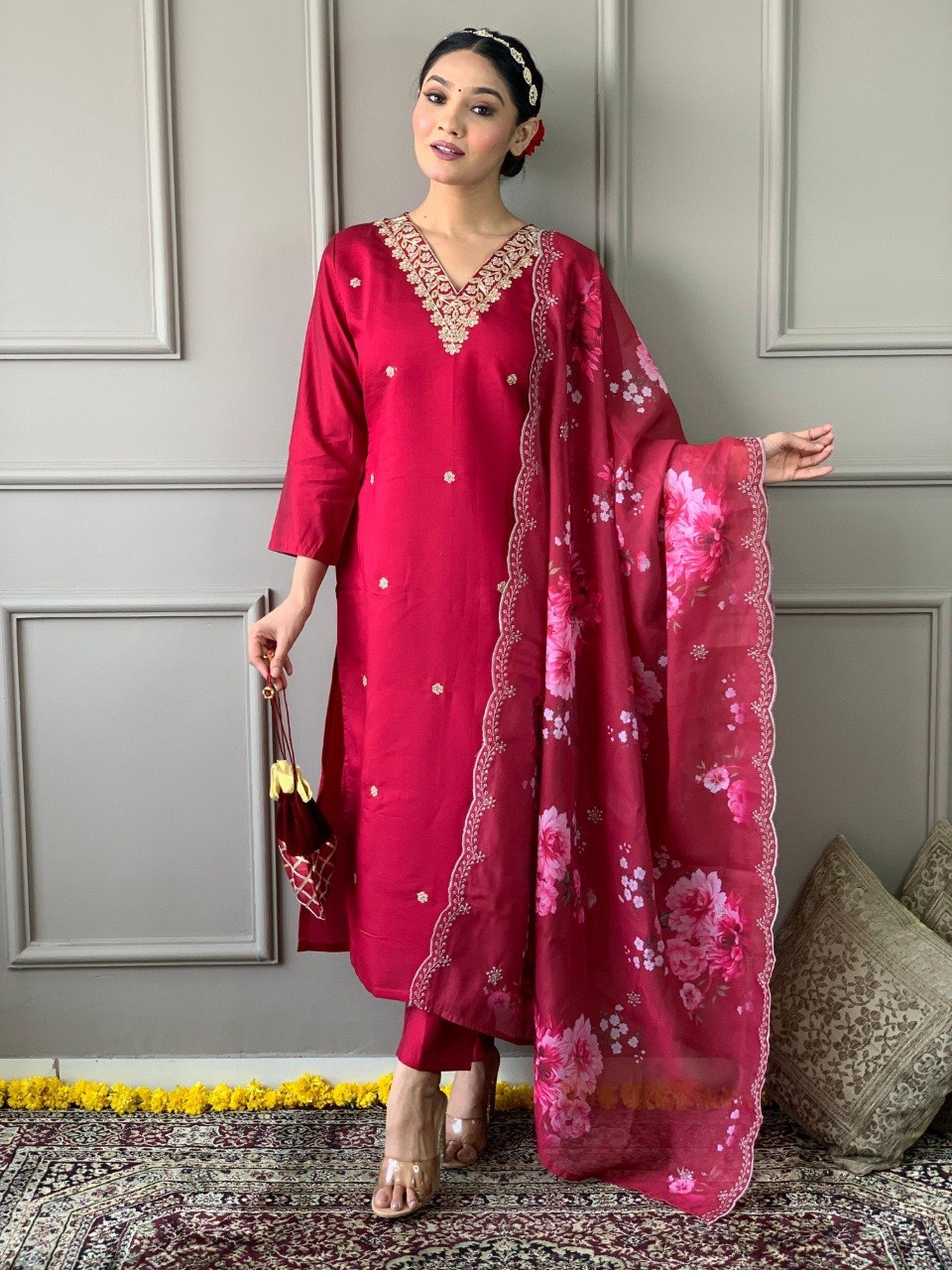 Women’s Embroidered Viscose Chanderi Kurta Set with Dupatta | Party Wear Ethnic Kurti Palazzo Set