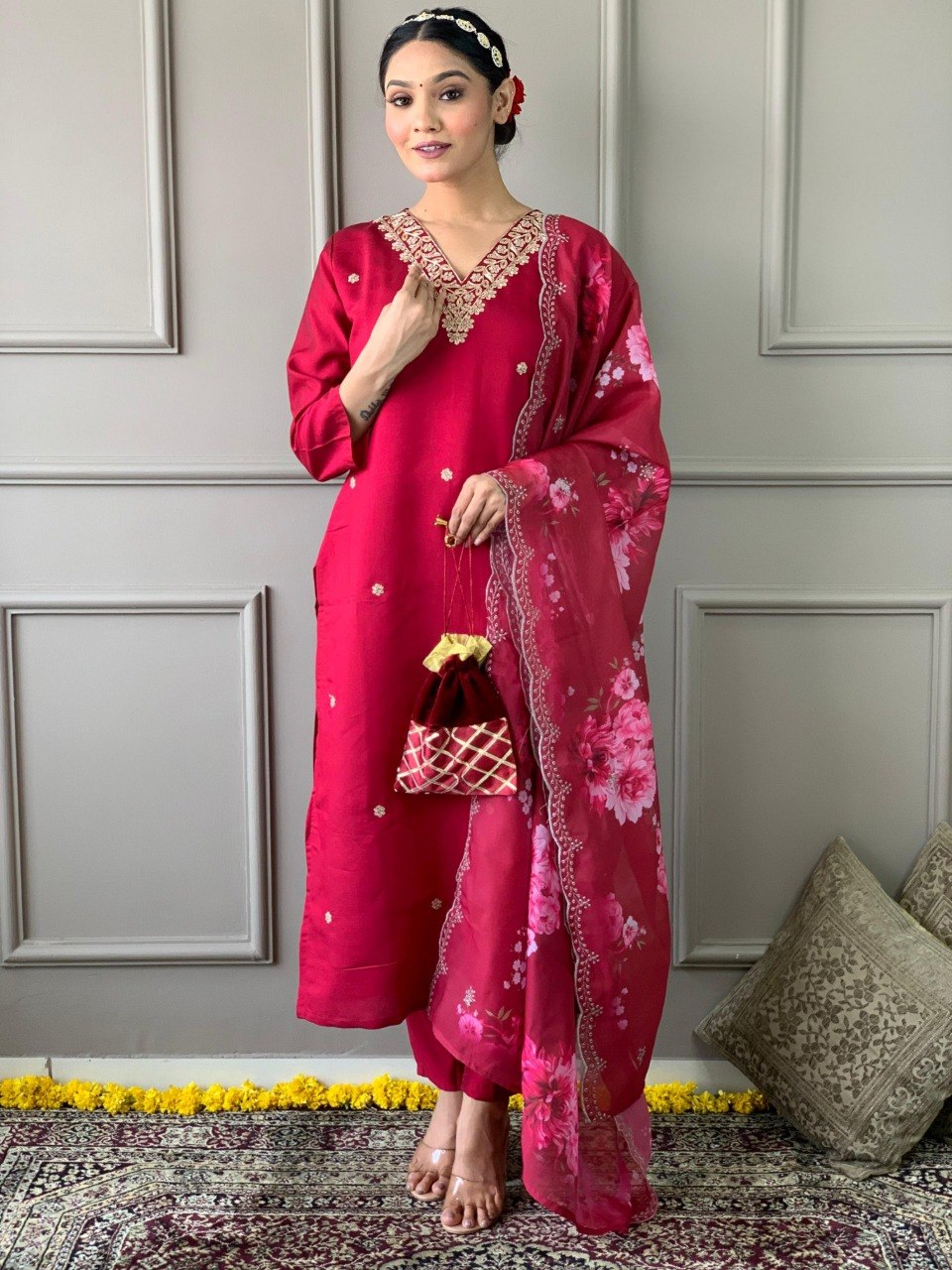 Women’s Embroidered Viscose Chanderi Kurta Set with Dupatta | Party Wear Ethnic Kurti Palazzo Set