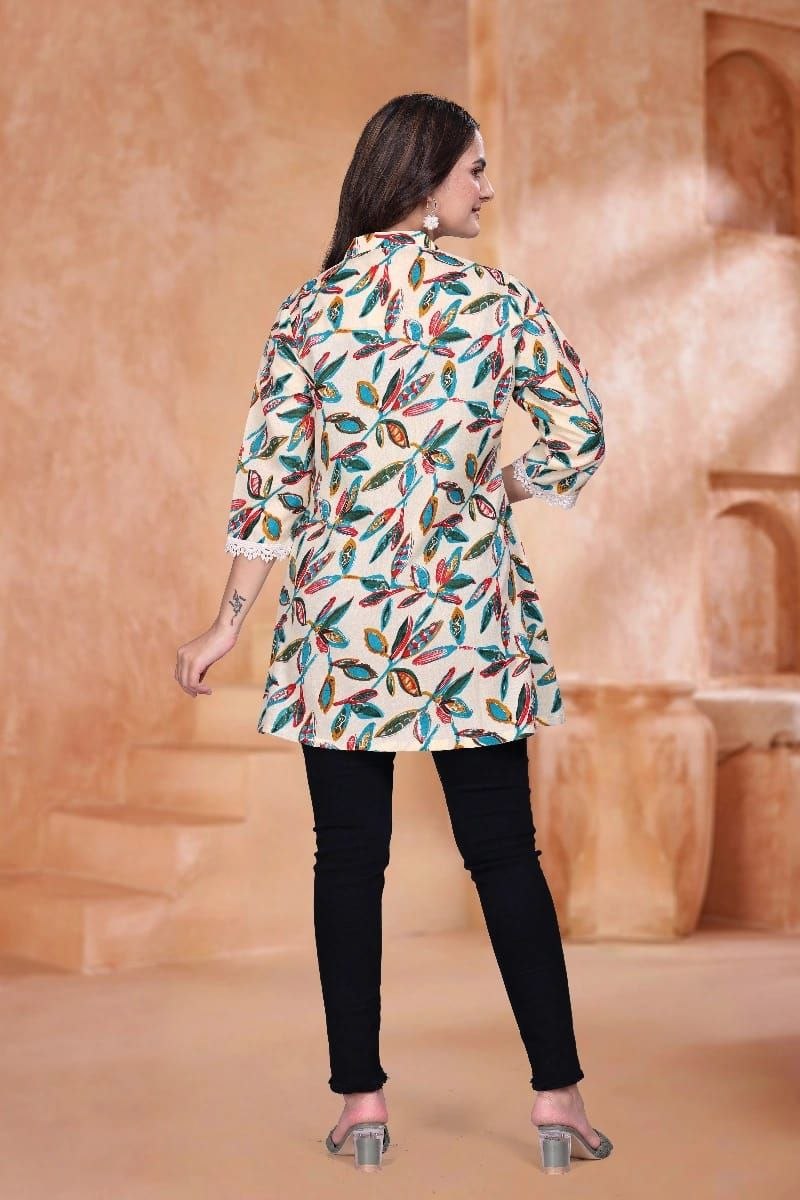 Printed Magic Cotton Short Kurti with V Neck