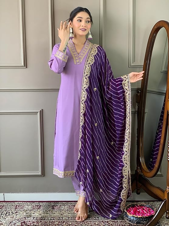 Women’s Purple Embroidered Viscose Chanderi Kurta Set with Dupatta | Party Wear Ethnic Kurti Palazzo Set