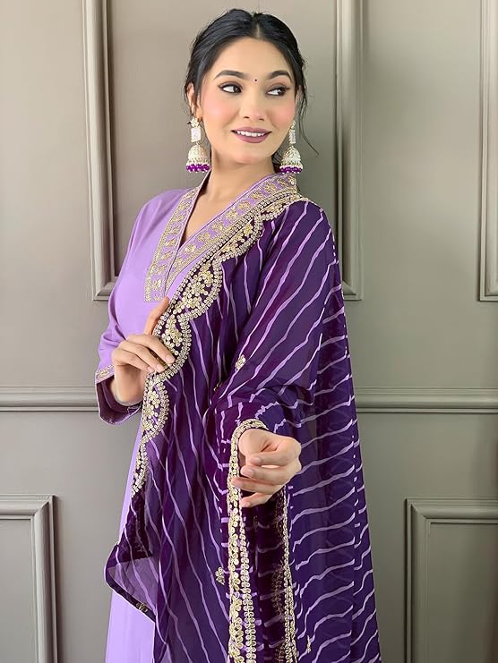 Women’s Purple Embroidered Viscose Chanderi Kurta Set with Dupatta | Party Wear Ethnic Kurti Palazzo Set