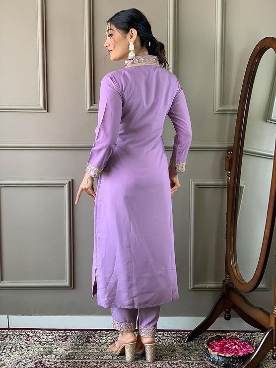 Women’s Purple Embroidered Viscose Chanderi Kurta Set with Dupatta | Party Wear Ethnic Kurti Palazzo Set