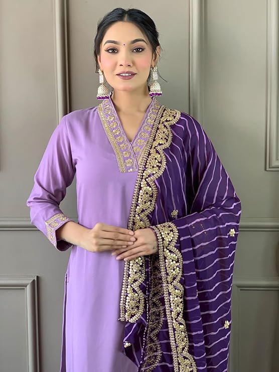 Women’s Purple Embroidered Viscose Chanderi Kurta Set with Dupatta | Party Wear Ethnic Kurti Palazzo Set