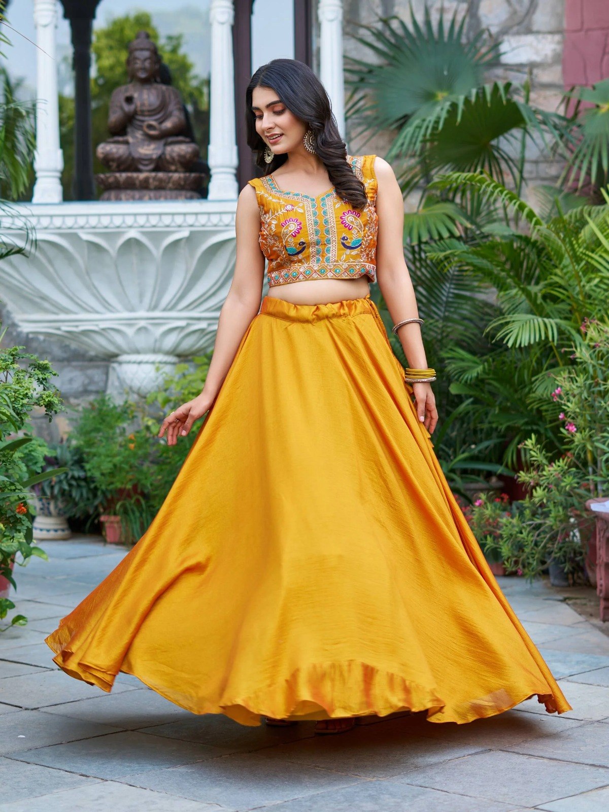 Women's Vichitra Stitched Lehenga Choli with Embroidered Jacket (Koti)