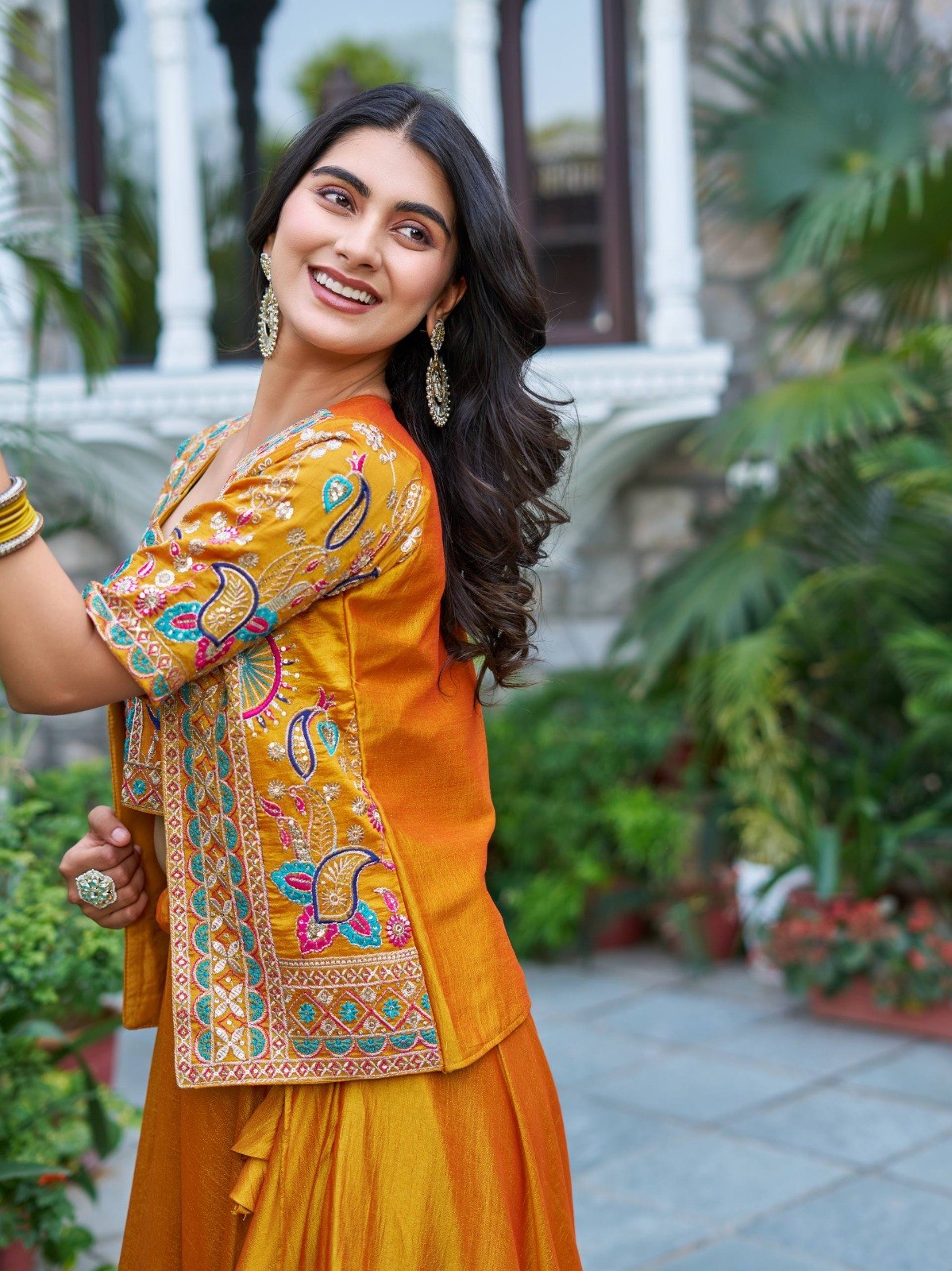 Women's Vichitra Stitched Lehenga Choli with Embroidered Jacket (Koti)