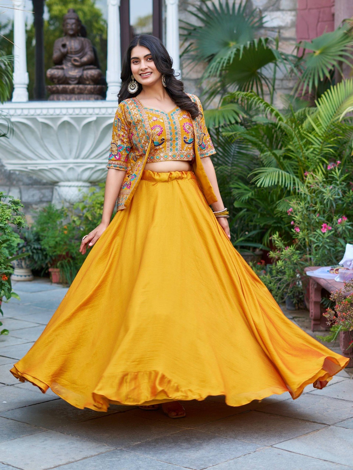 Women's Vichitra Stitched Lehenga Choli with Embroidered Jacket (Koti)