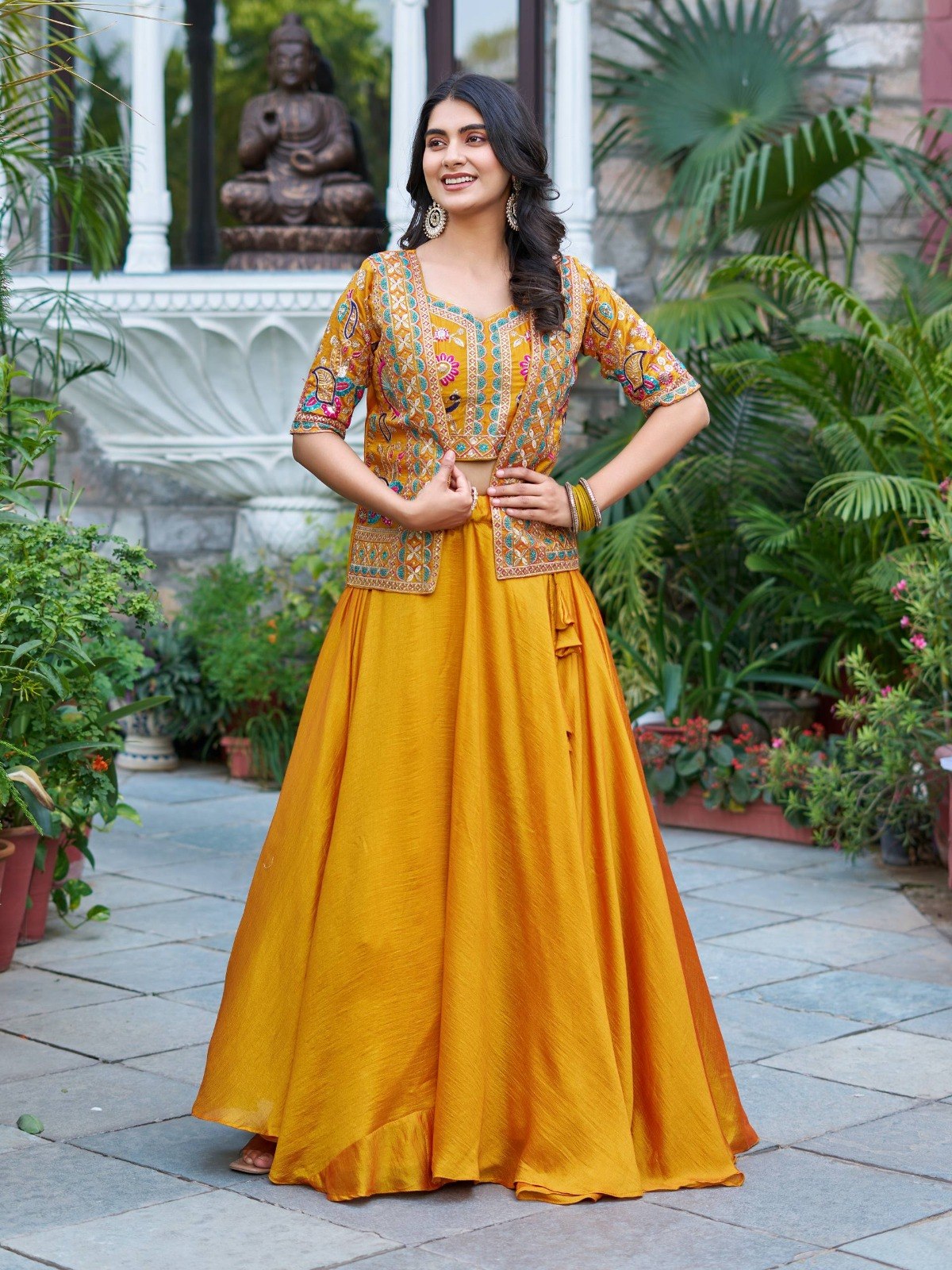 Women's Vichitra Stitched Lehenga Choli with Embroidered Jacket (Koti)