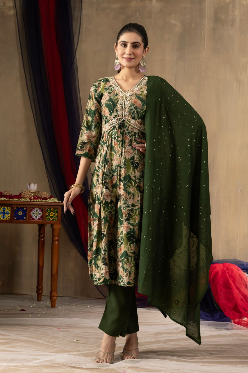 Modal Print Aliya Cut Kurti Pant Dupatta Set with Embroidery Hand Work