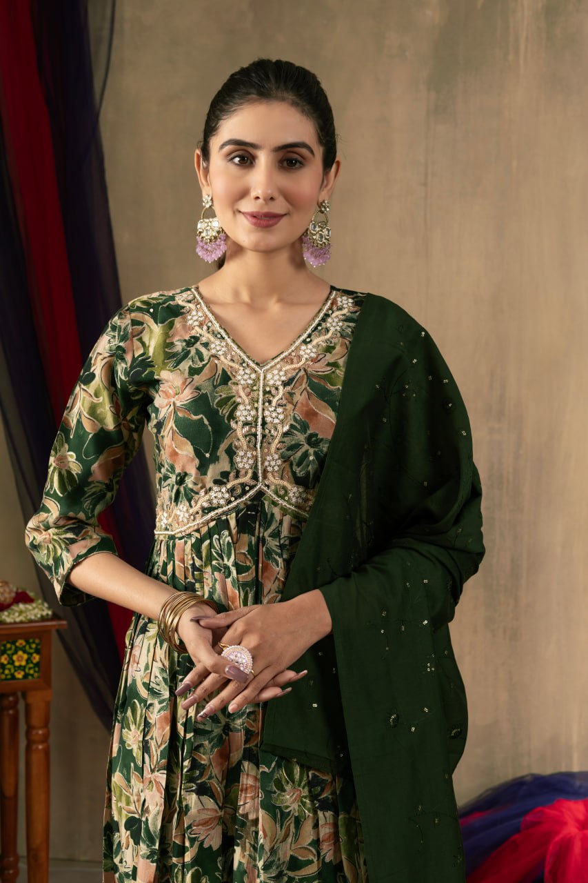 Modal Print Aliya Cut Kurti Pant Dupatta Set with Embroidery Hand Work