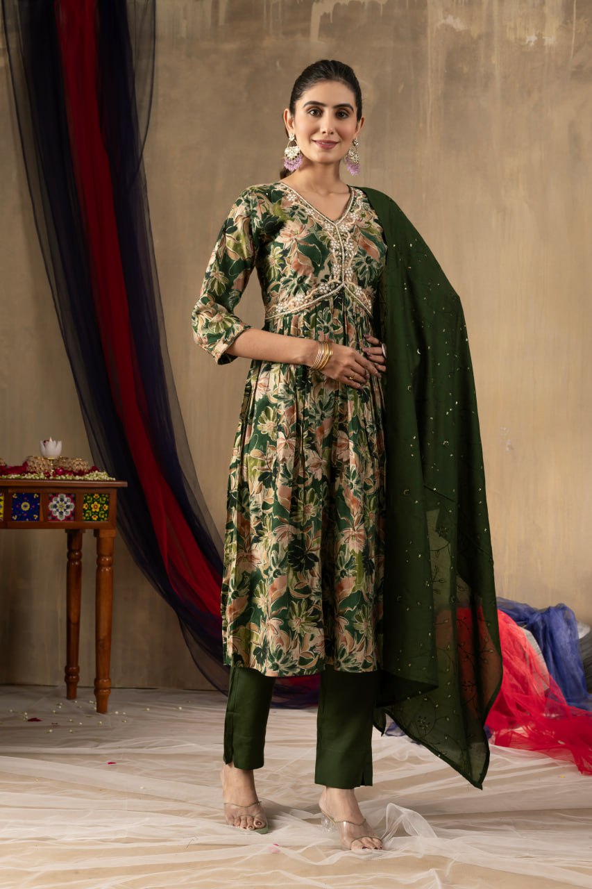Modal Print Aliya Cut Kurti Pant Dupatta Set with Embroidery Hand Work
