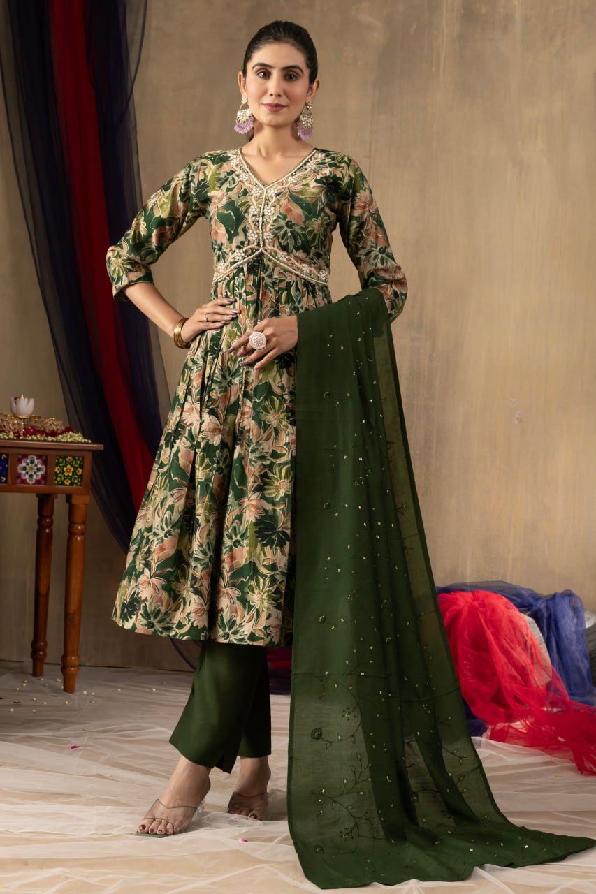 Modal Print Aliya Cut Kurti Pant Dupatta Set with Embroidery Hand Work