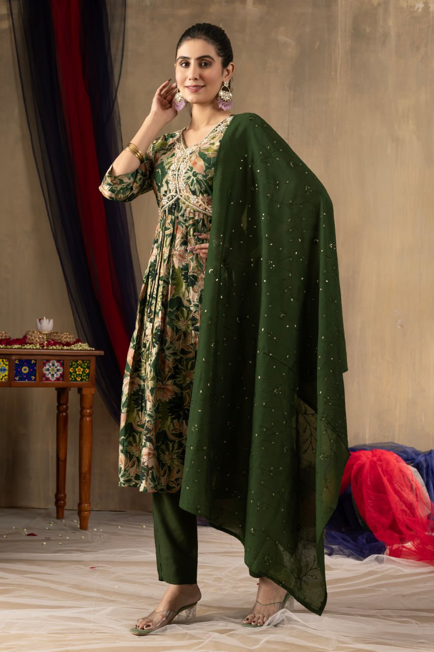 Modal Print Aliya Cut Kurti Pant Dupatta Set with Embroidery Hand Work