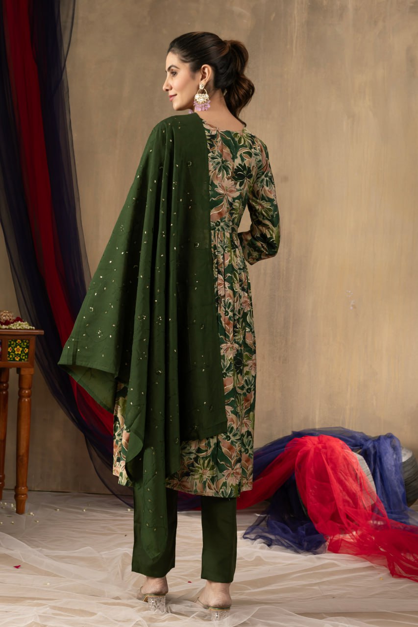 Modal Print Aliya Cut Kurti Pant Dupatta Set with Embroidery Hand Work
