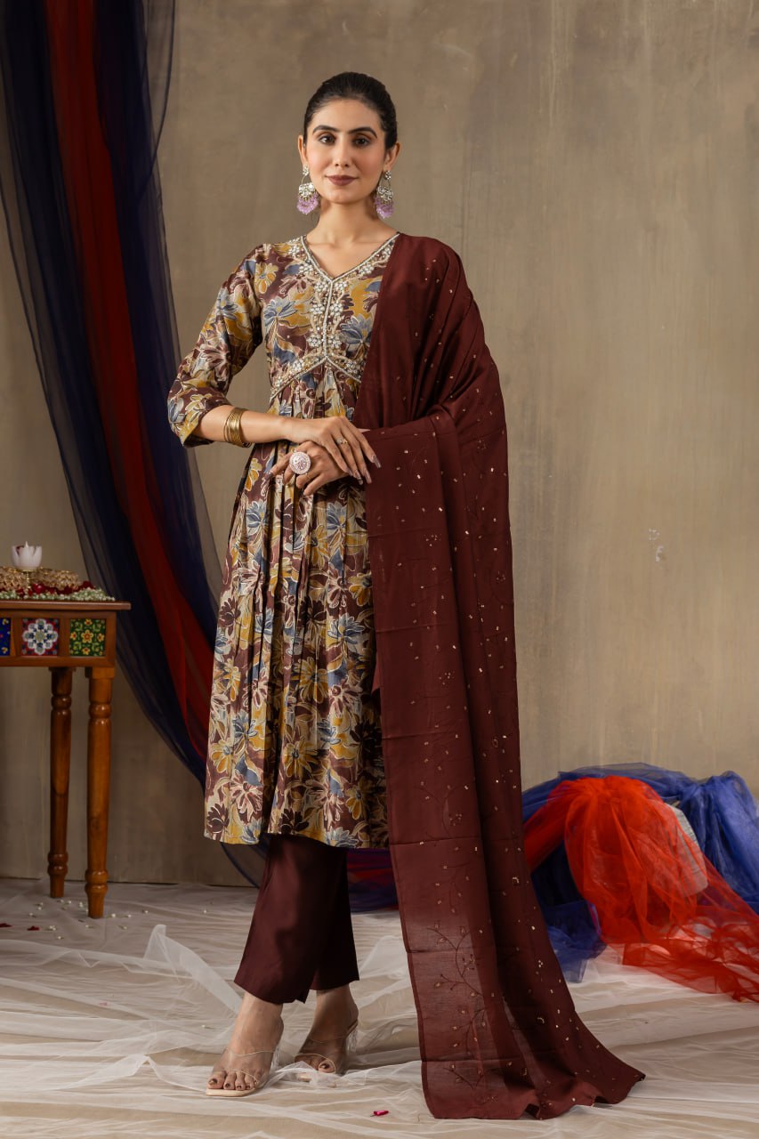 Modal Print Aliya Cut Kurti Pant Dupatta Set with Embroidery Hand Work