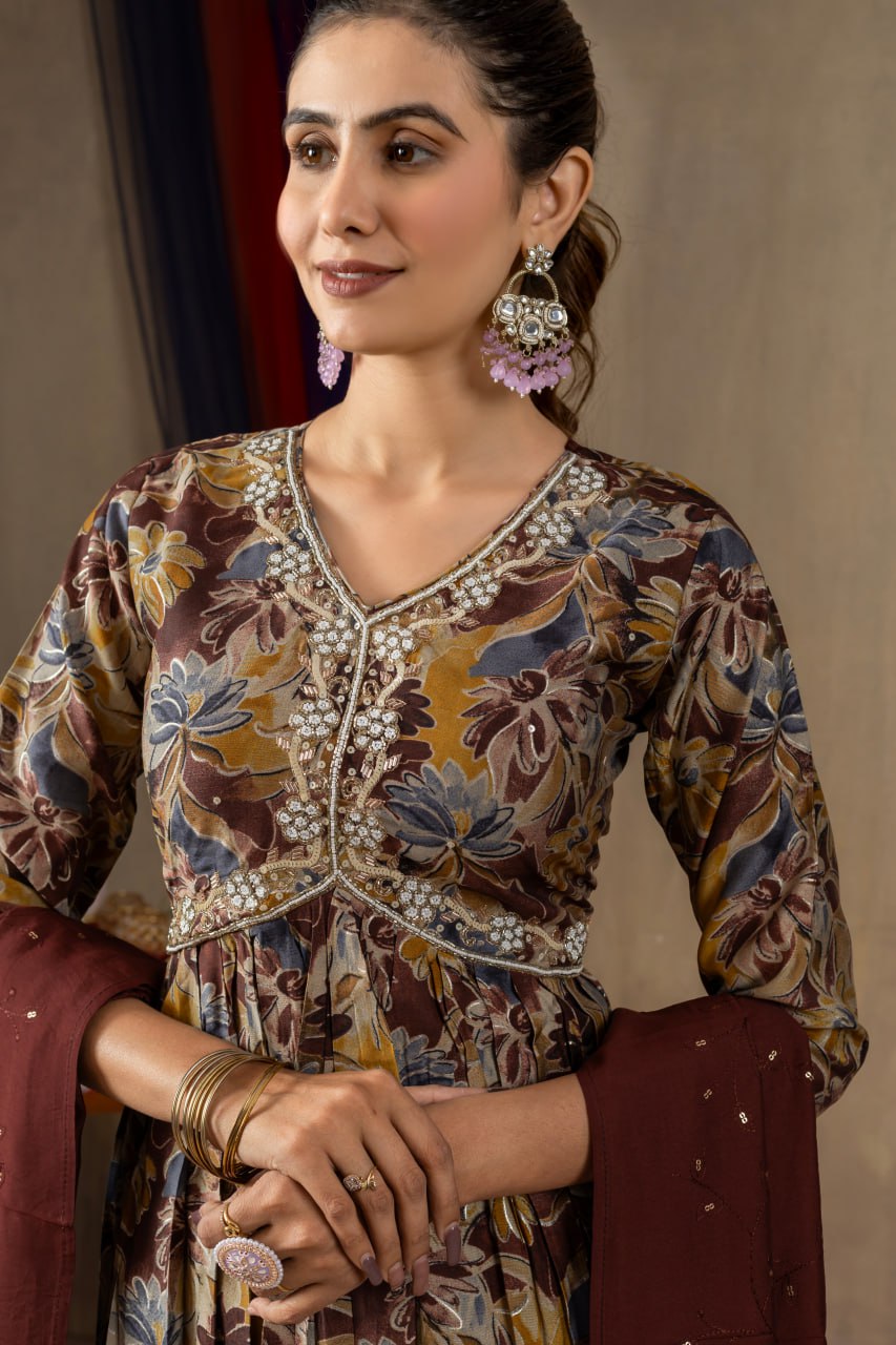 Modal Print Aliya Cut Kurti Pant Dupatta Set with Embroidery Hand Work