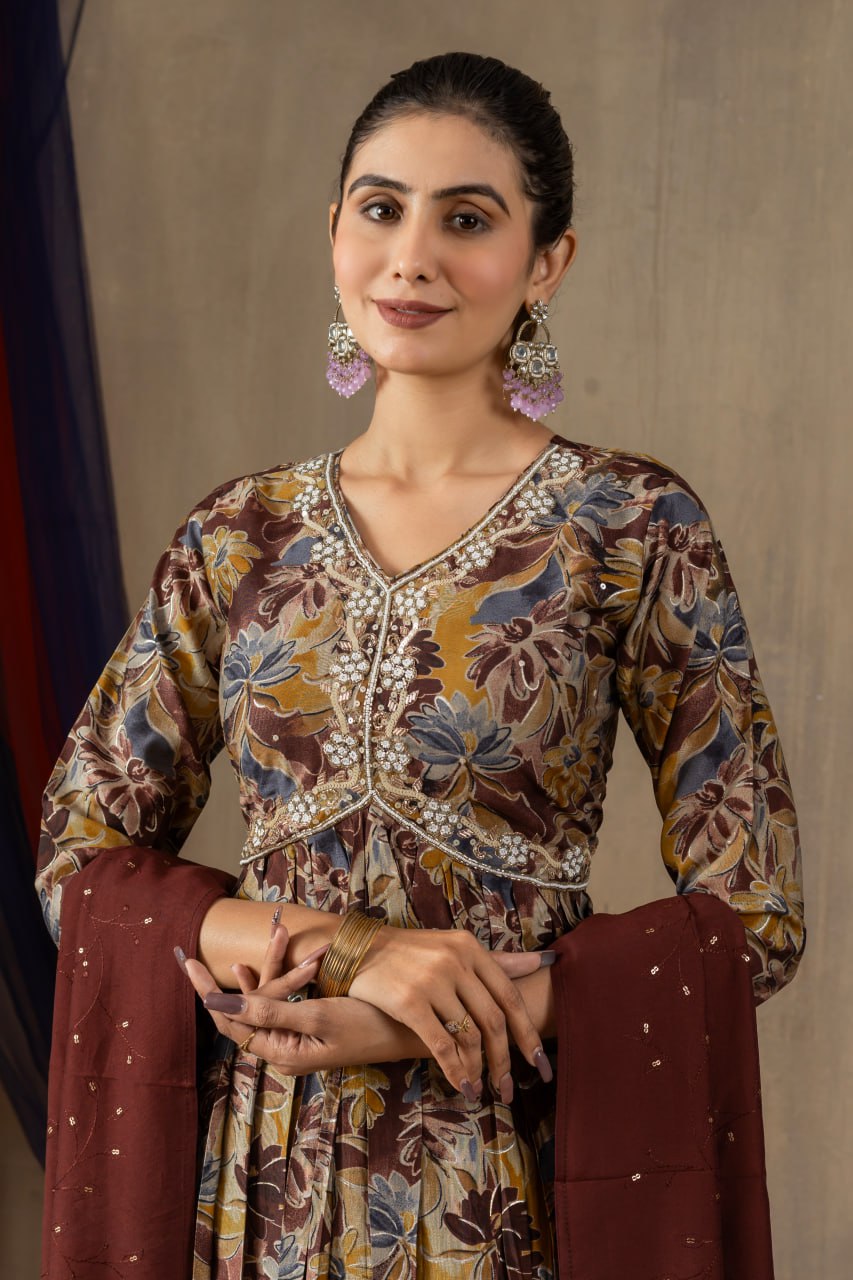 Modal Print Aliya Cut Kurti Pant Dupatta Set with Embroidery Hand Work
