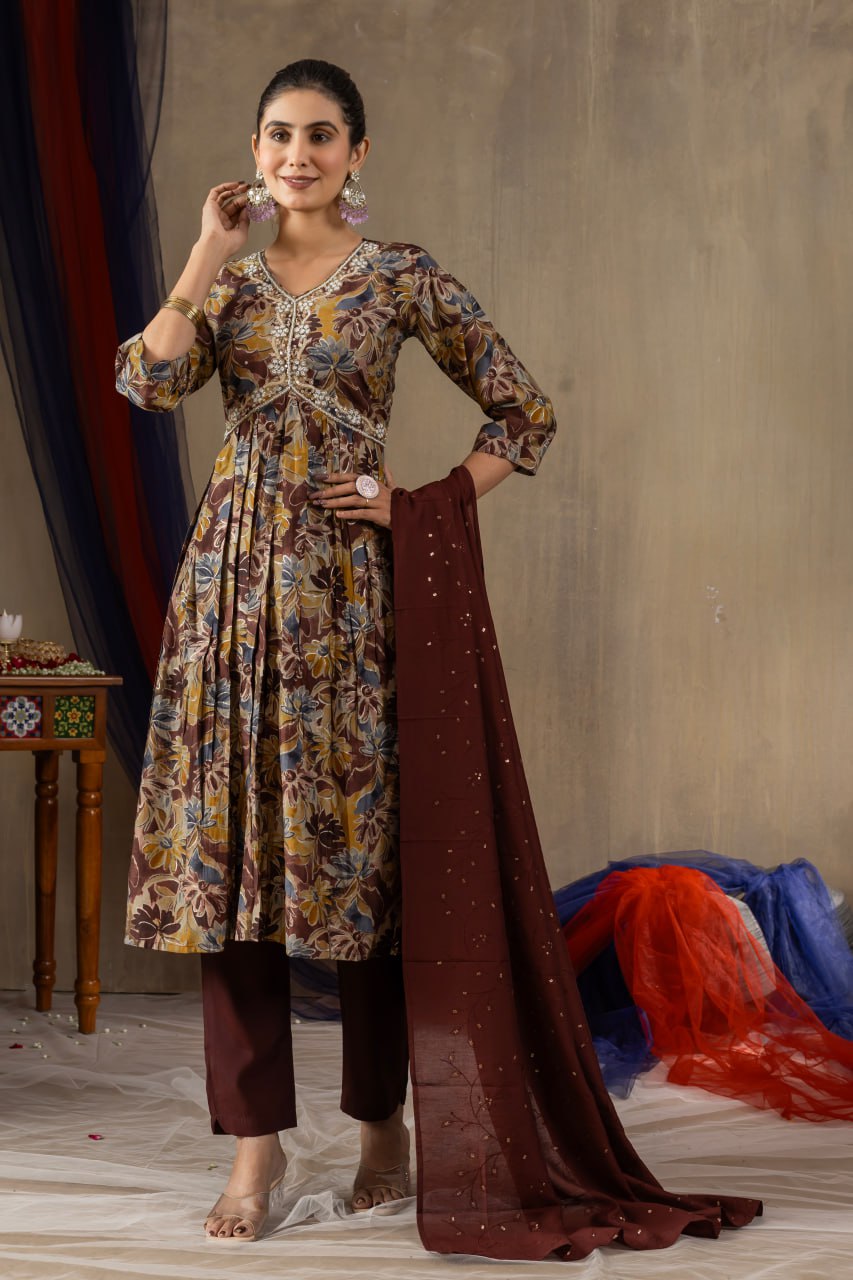 Modal Print Aliya Cut Kurti Pant Dupatta Set with Embroidery Hand Work