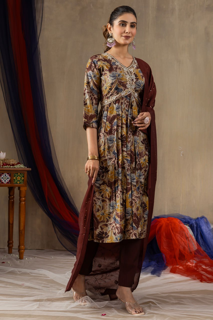 Modal Print Aliya Cut Kurti Pant Dupatta Set with Embroidery Hand Work