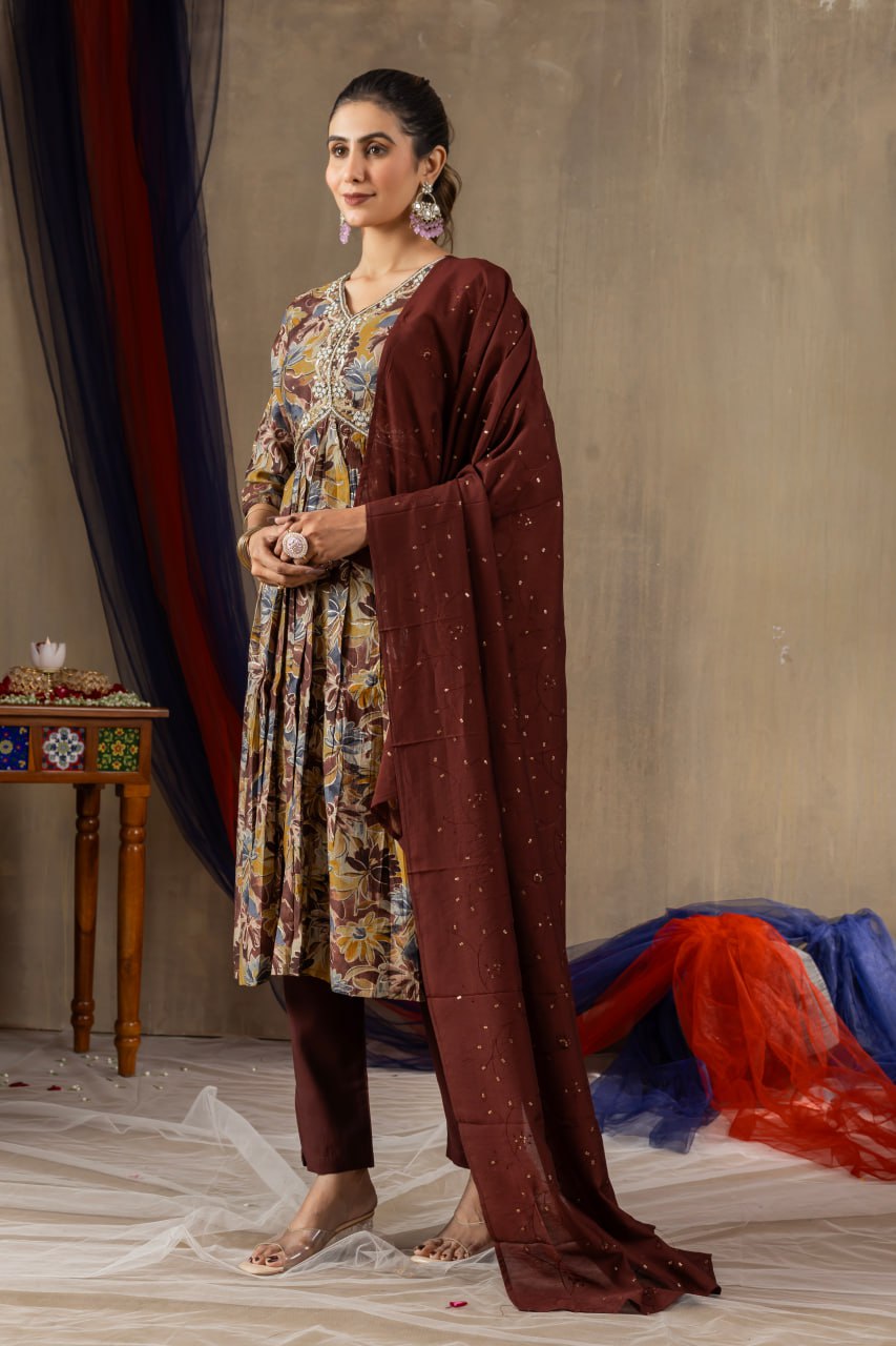 Modal Print Aliya Cut Kurti Pant Dupatta Set with Embroidery Hand Work