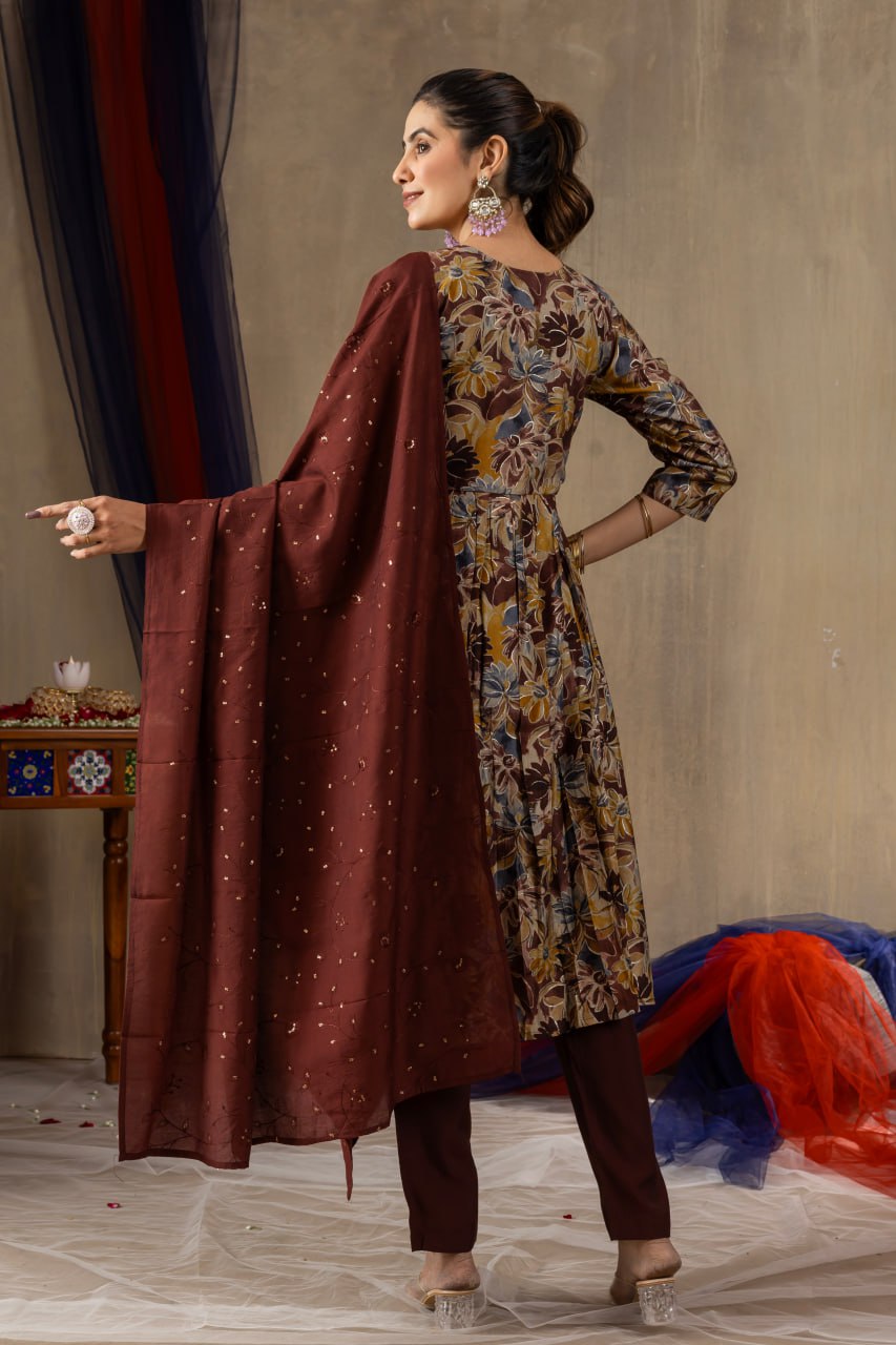 Modal Print Aliya Cut Kurti Pant Dupatta Set with Embroidery Hand Work