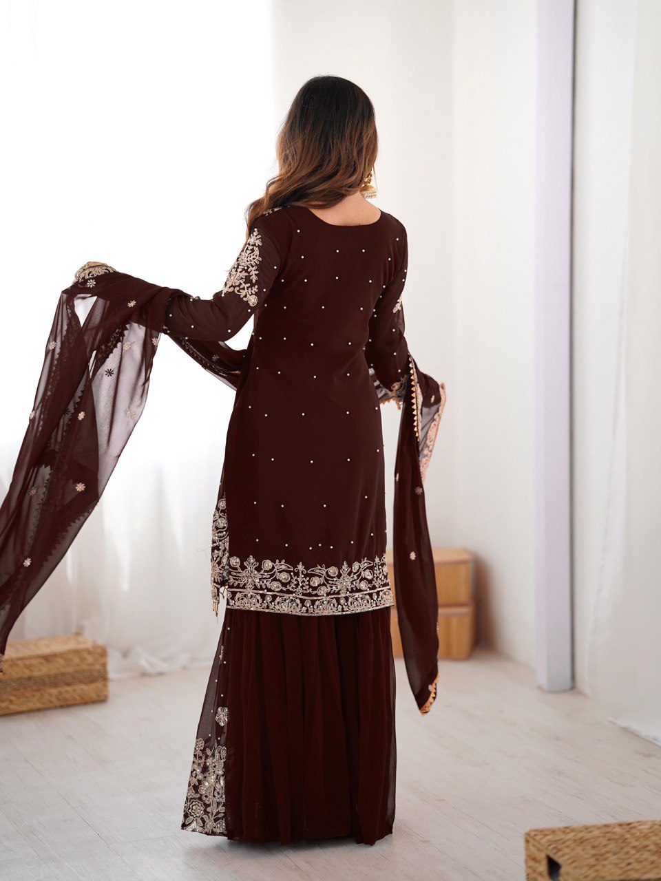 Women's Faux Georgette Embroidered Sharara Set with Dupatta