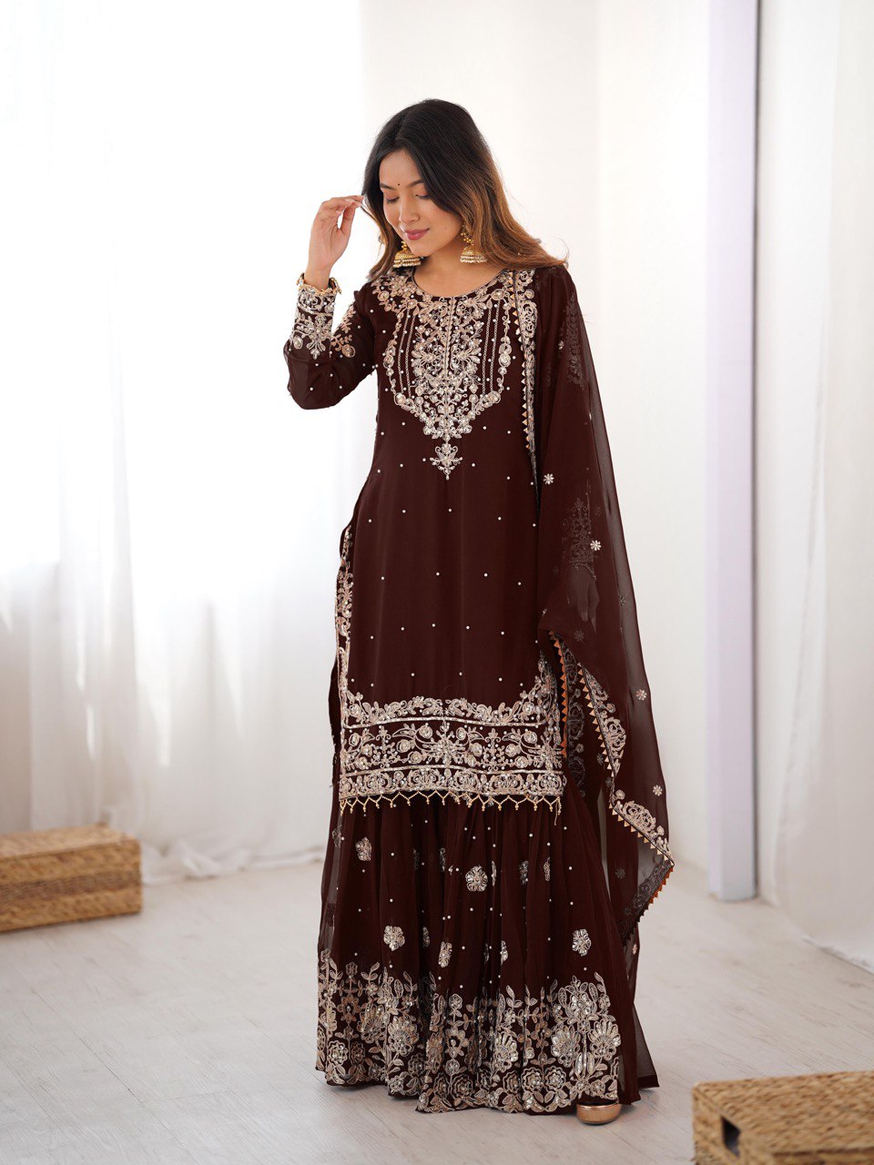 Women's Faux Georgette Embroidered Sharara Set with Dupatta