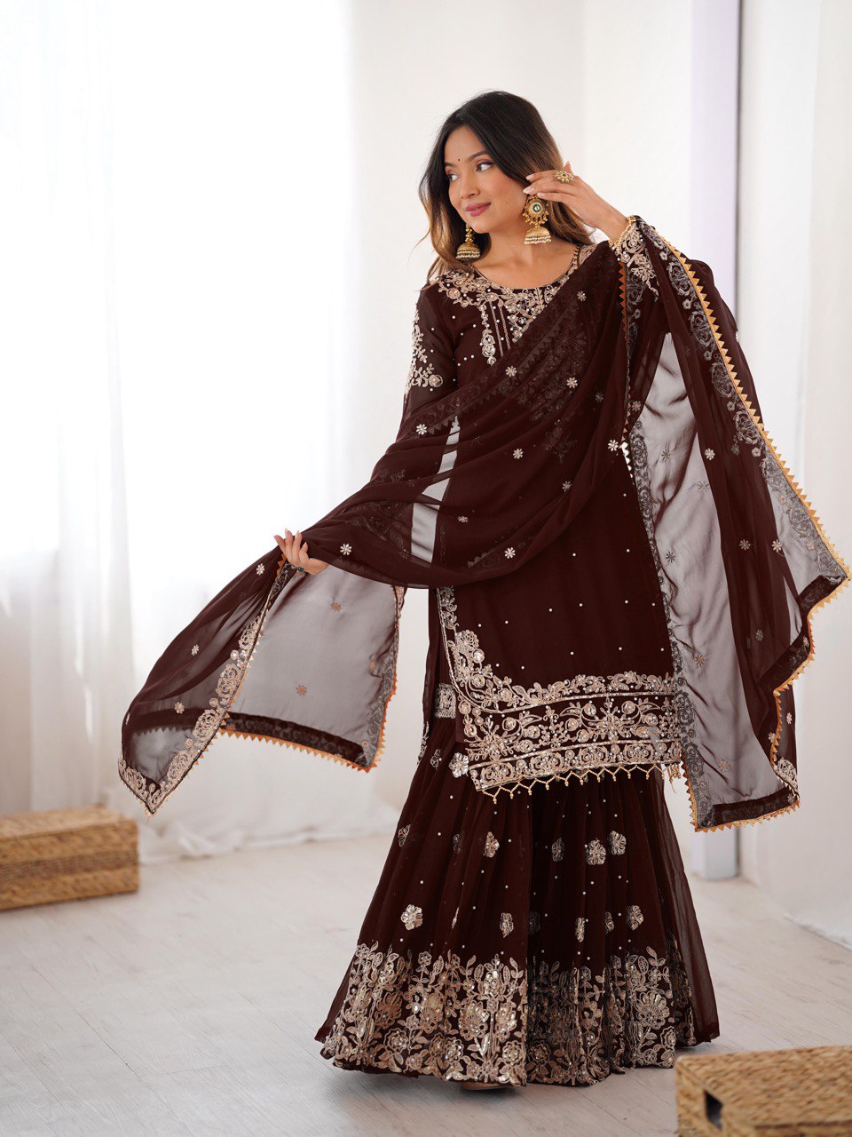 Women's Faux Georgette Embroidered Sharara Set with Dupatta