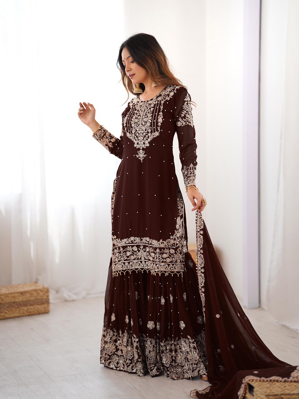 Women's Faux Georgette Embroidered Sharara Set with Dupatta