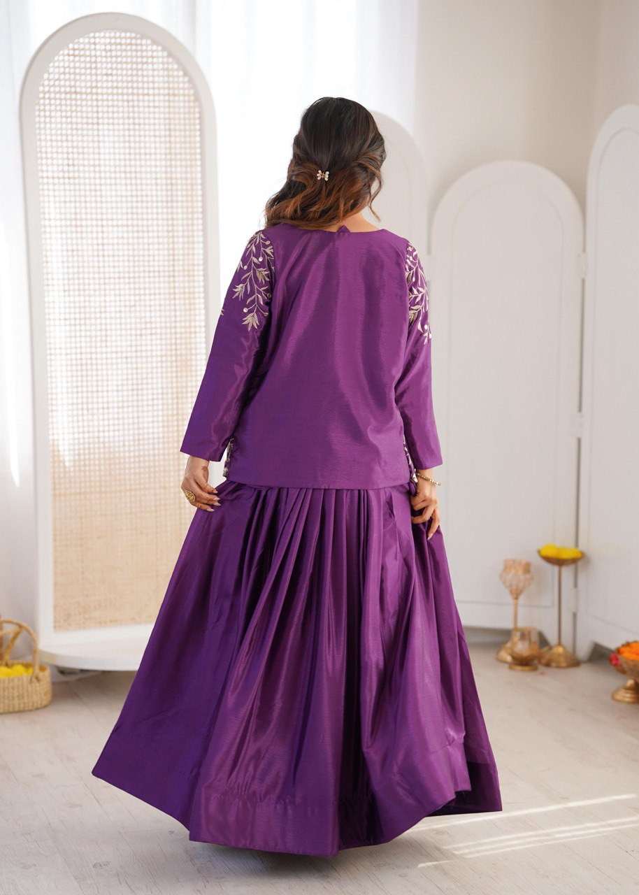 Women's Chinon Silk Lehenga Choli Set with Embroidered Koti