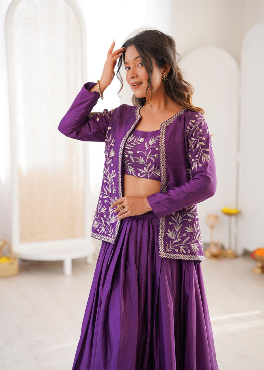 Women's Chinon Silk Lehenga Choli Set with Embroidered Koti