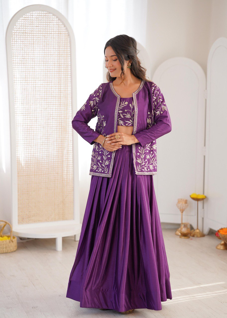 Women's Chinon Silk Lehenga Choli Set with Embroidered Koti