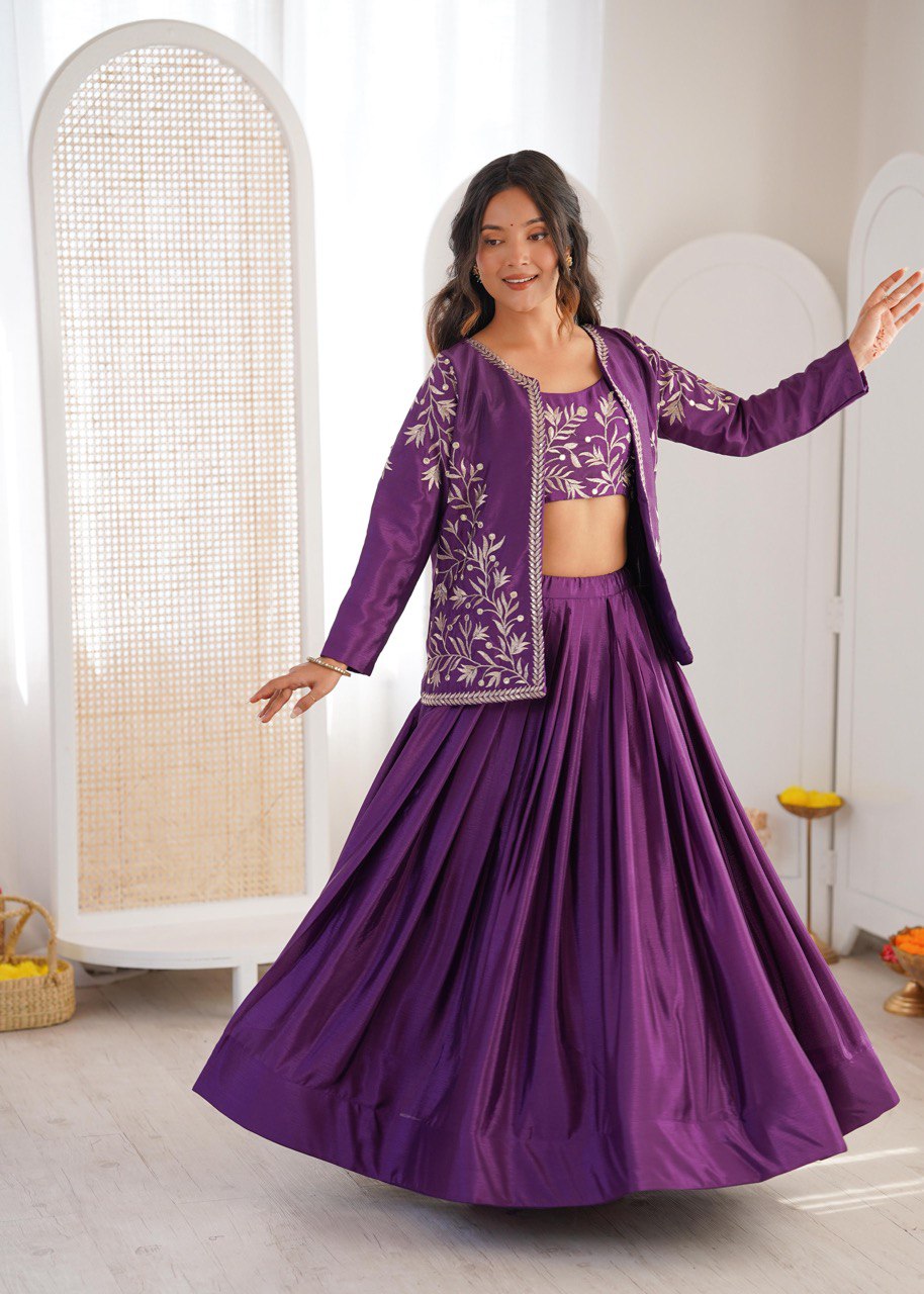 Women's Chinon Silk Lehenga Choli Set with Embroidered Koti