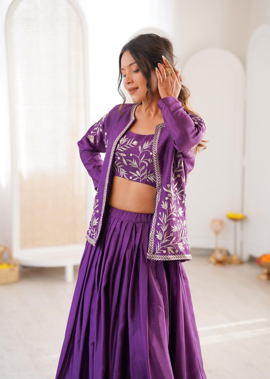 Women's Chinon Silk Lehenga Choli Set with Embroidered Koti