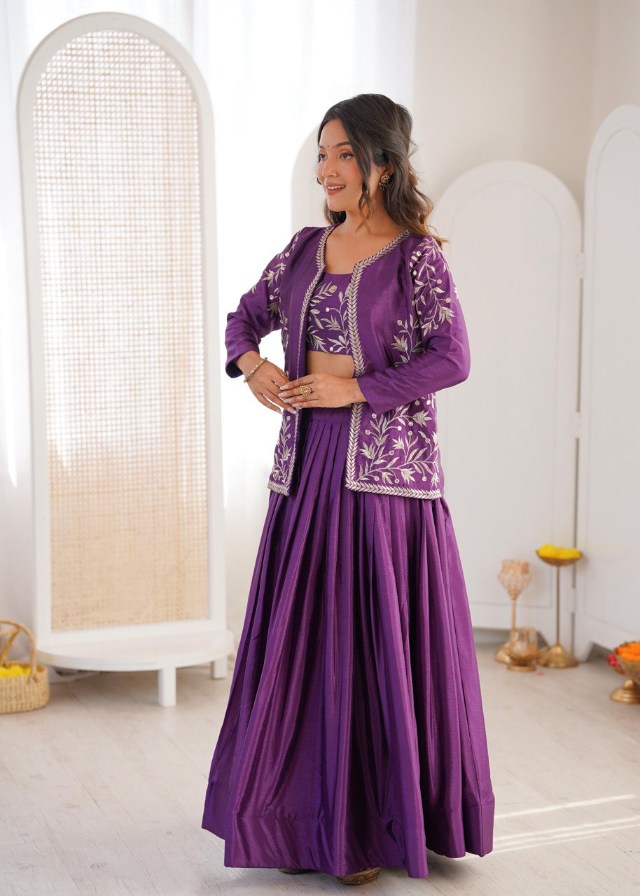 Women's Chinon Silk Lehenga Choli Set with Embroidered Koti