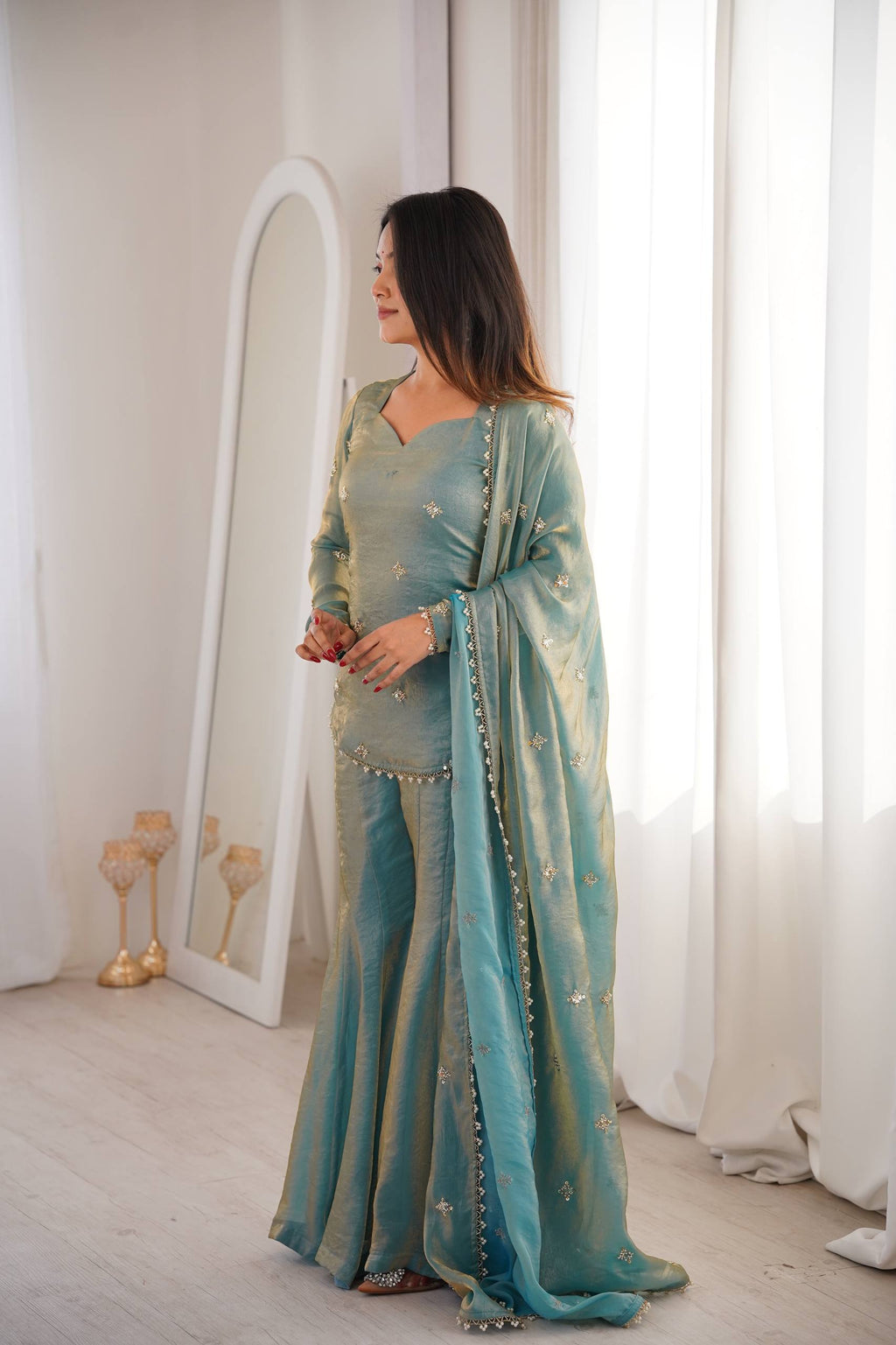 Women's Fendy Silk Embroidered Sharara Palazzo Suit Set with Dupatta