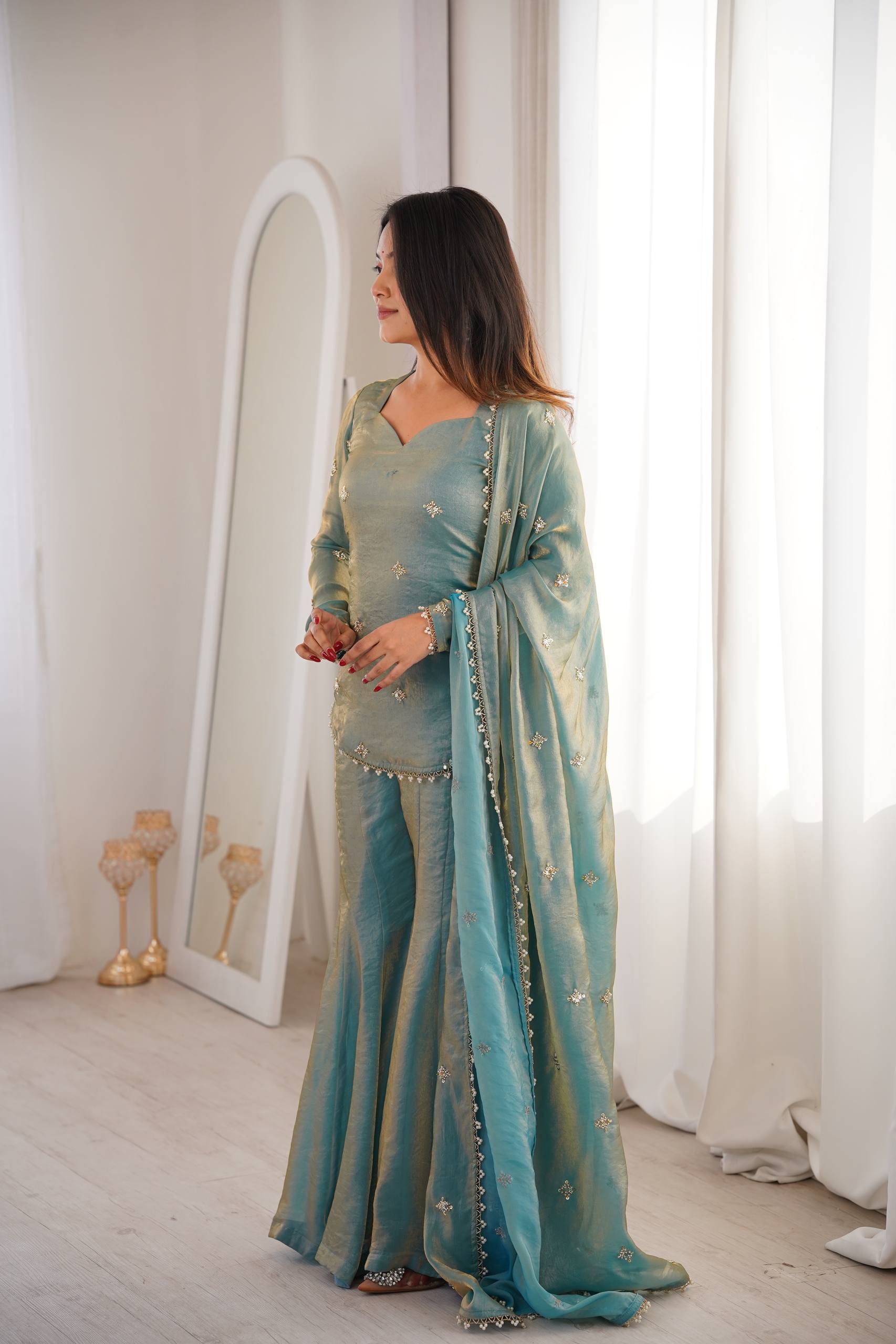 Women's Fendy Silk Embroidered Sharara Palazzo Suit Set with Dupatta