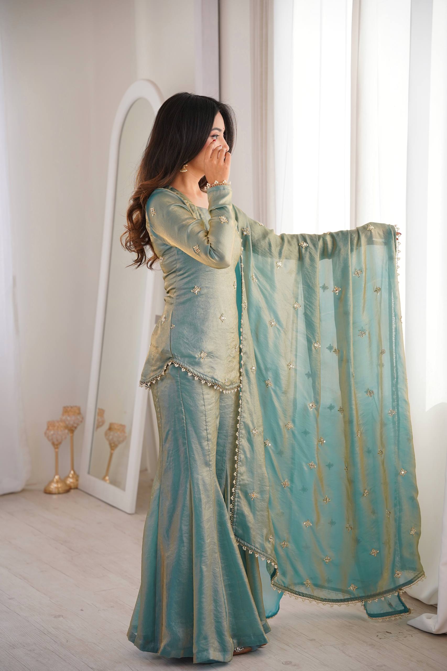 Women's Fendy Silk Embroidered Sharara Palazzo Suit Set with Dupatta