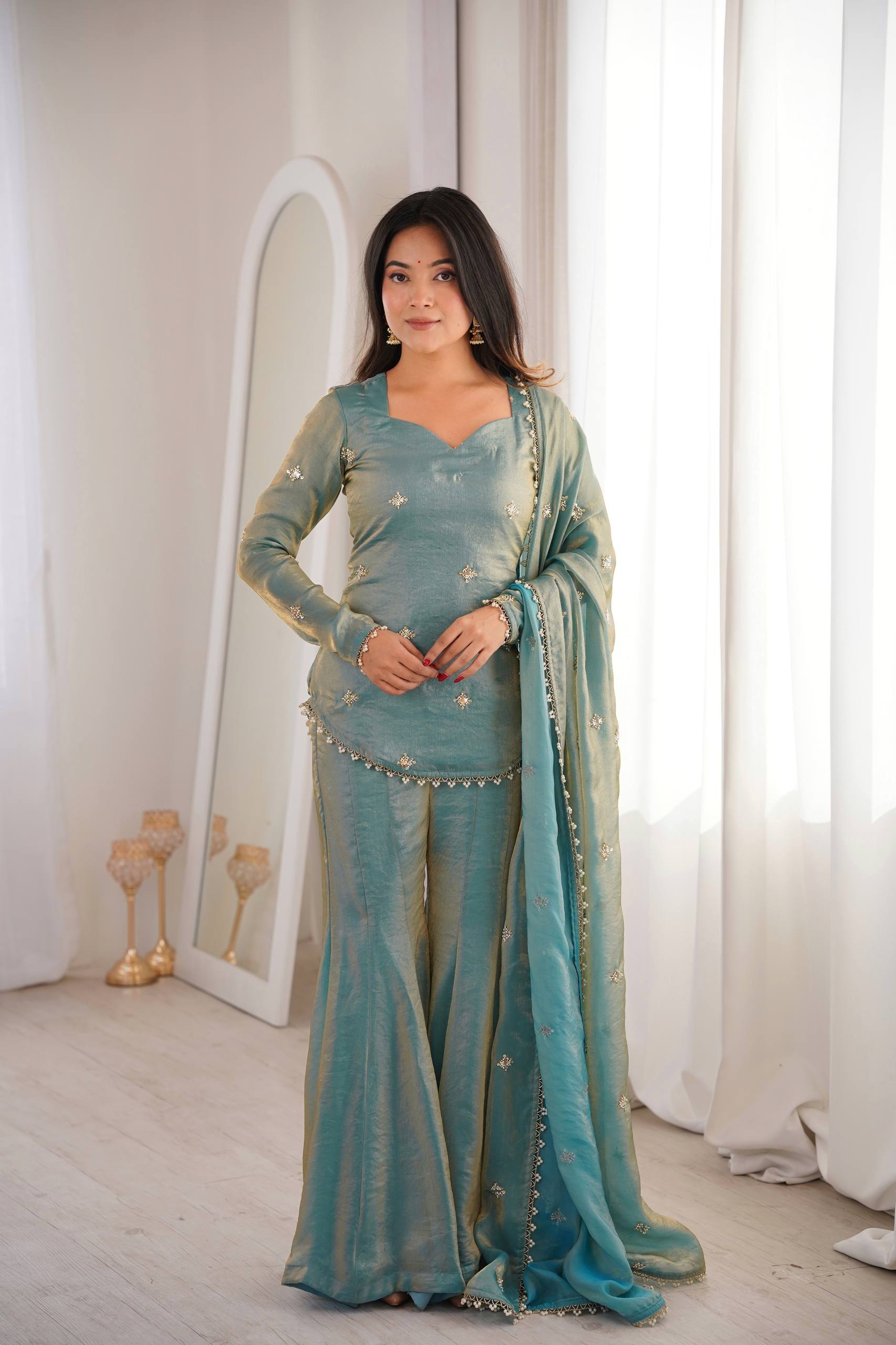 Women's Fendy Silk Embroidered Sharara Palazzo Suit Set with Dupatta