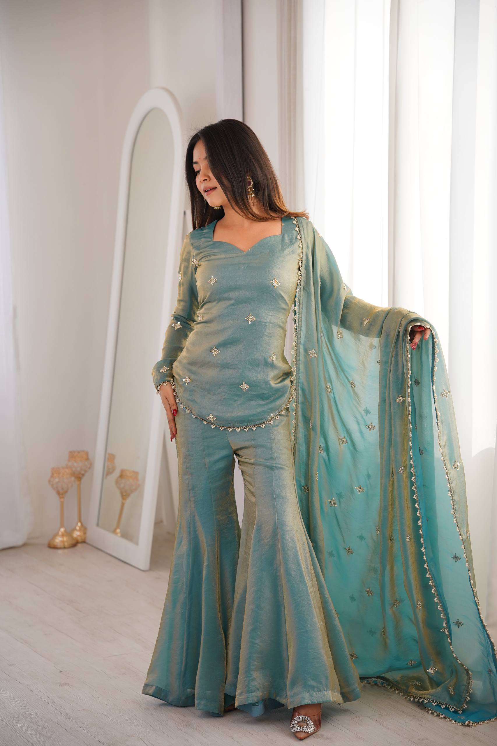 Women's Fendy Silk Embroidered Sharara Palazzo Suit Set with Dupatta