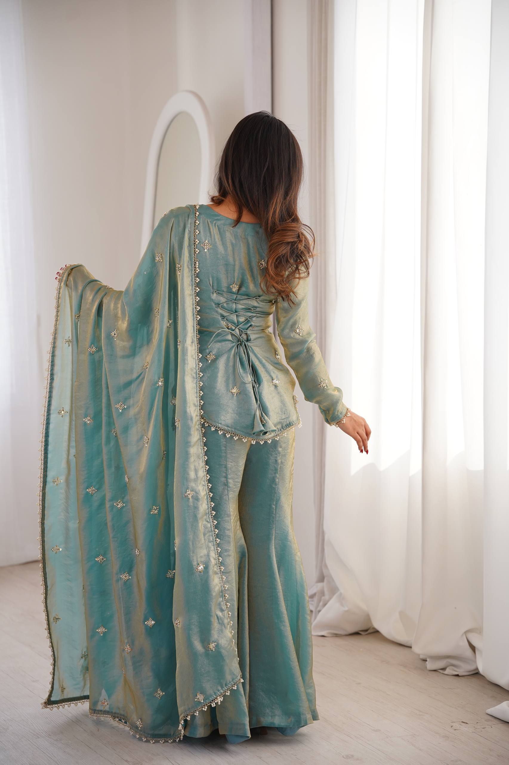 Women's Fendy Silk Embroidered Sharara Palazzo Suit Set with Dupatta