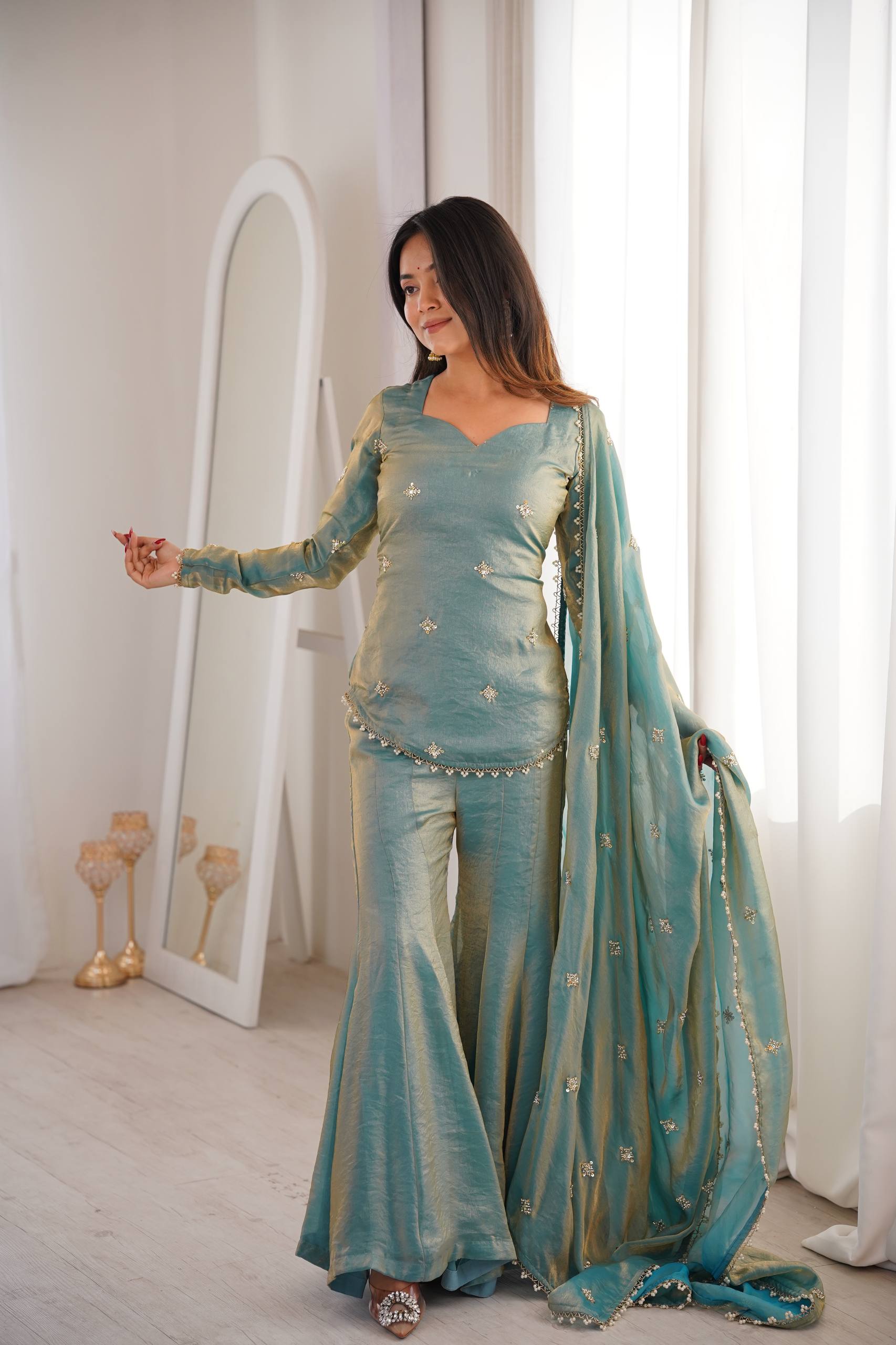 Women's Fendy Silk Embroidered Sharara Palazzo Suit Set with Dupatta