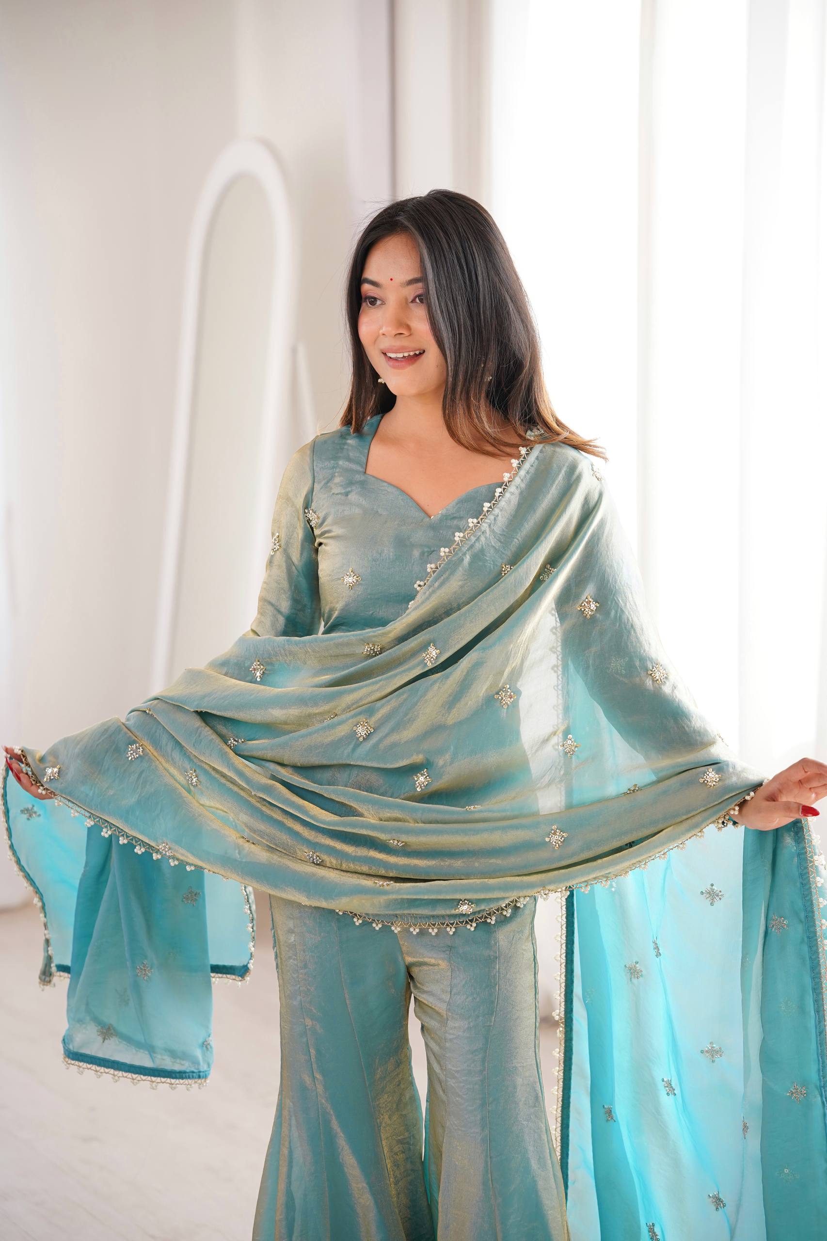 Women's Fendy Silk Embroidered Sharara Palazzo Suit Set with Dupatta