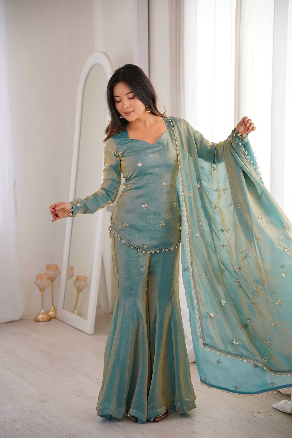 Women's Fendy Silk Embroidered Sharara Palazzo Suit Set with Dupatta